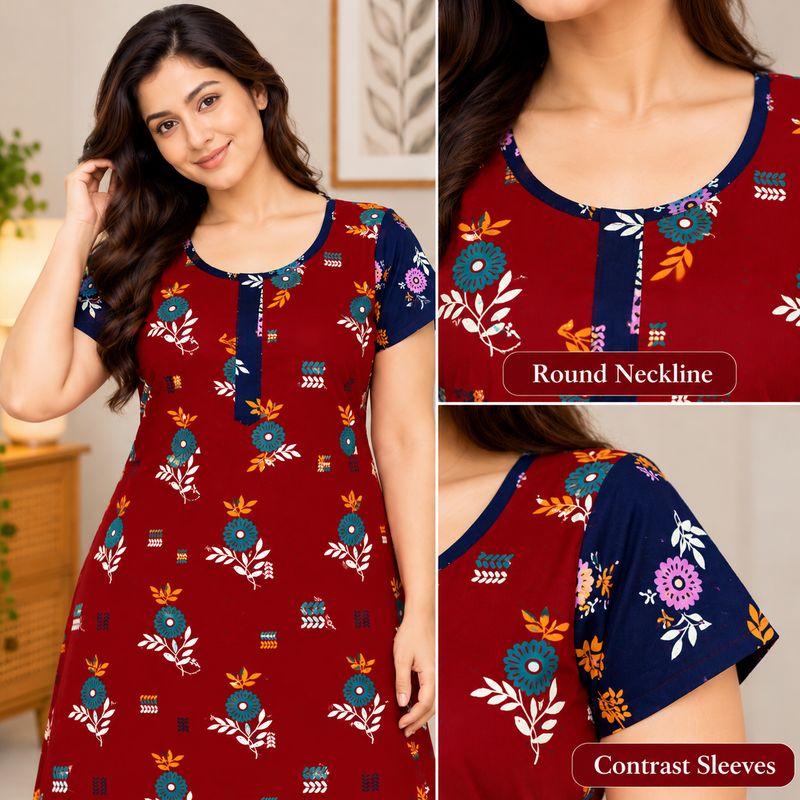 Veni’s Dark Red Floral Printed Cotton Frock Nighty with Front Zip