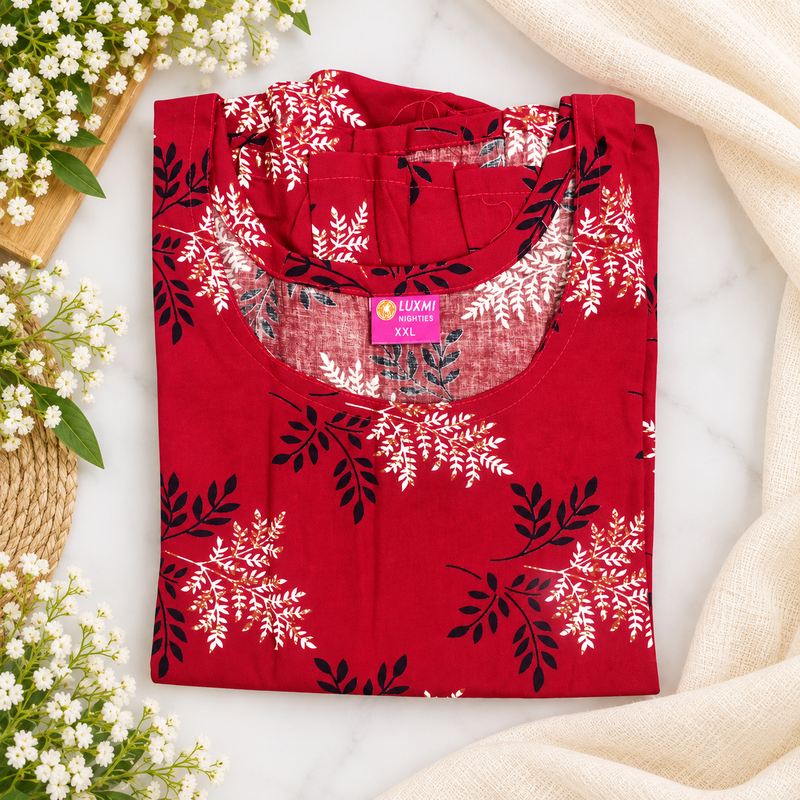 Luxmi Floral Printed Frock Nighty with Side Adjustable Ties – Maroon Red