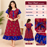 Women's maroon floral cotton frock nighty with royal-blue sleeves