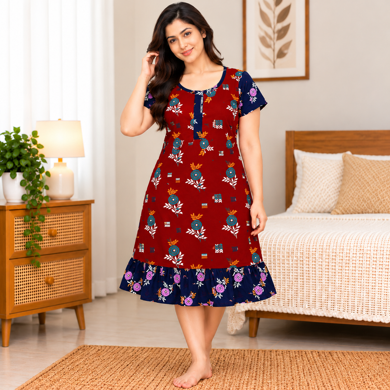 Veni’s Dark Red Floral Printed Cotton Frock Nighty with Front Zip