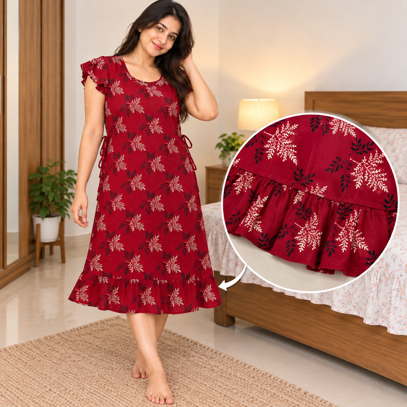 Luxmi Floral Printed Frock Nighty with Side Adjustable Ties – Maroon Red