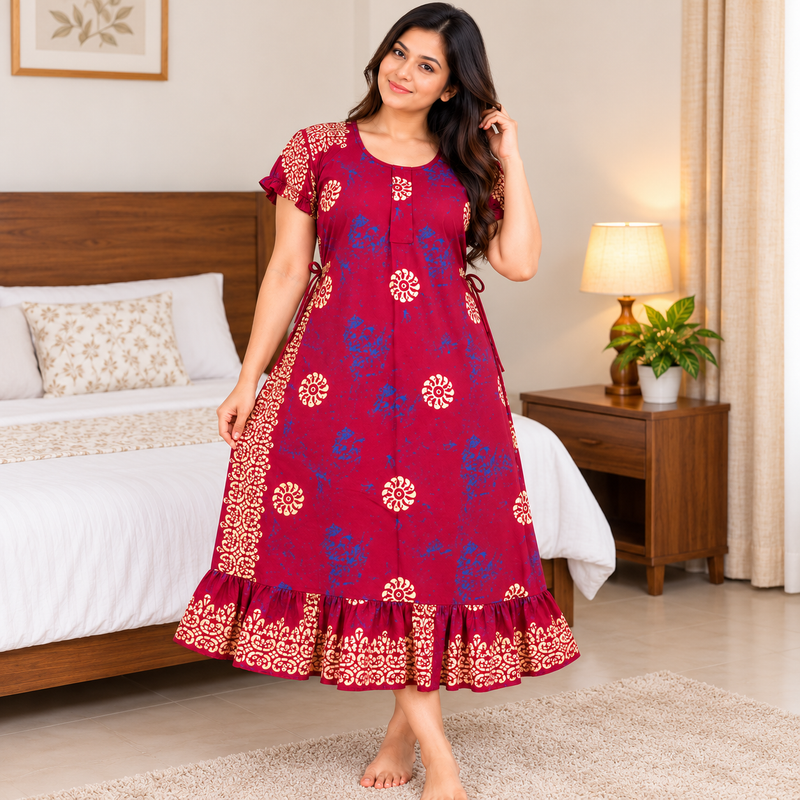 Vanitha Women's Cotton Frock Nighty – Magenta Floral Print