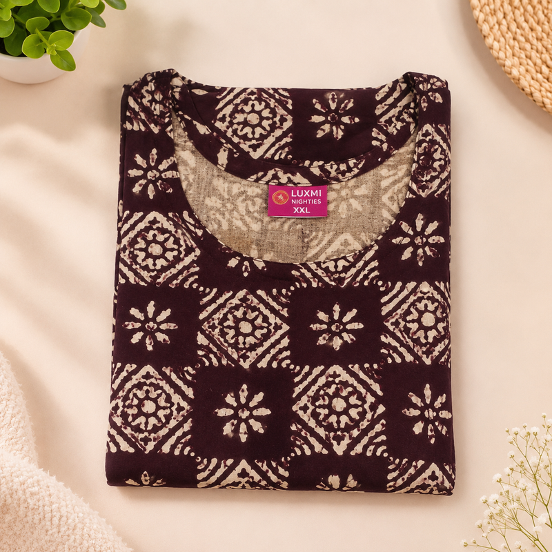 Luxmi Maroon Printed Cotton Mid Length Frock Nighty for Women