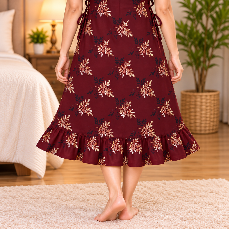 Luxmi Maroon Floral Printed Mid-Length Frock Nighty with Adjustable Side Ties