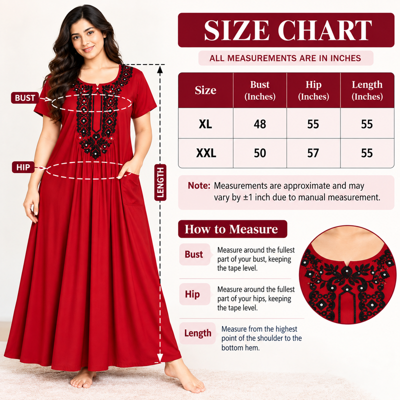 Women’s Red Nighty with Black Embroidered Neckline & One Side Pocket