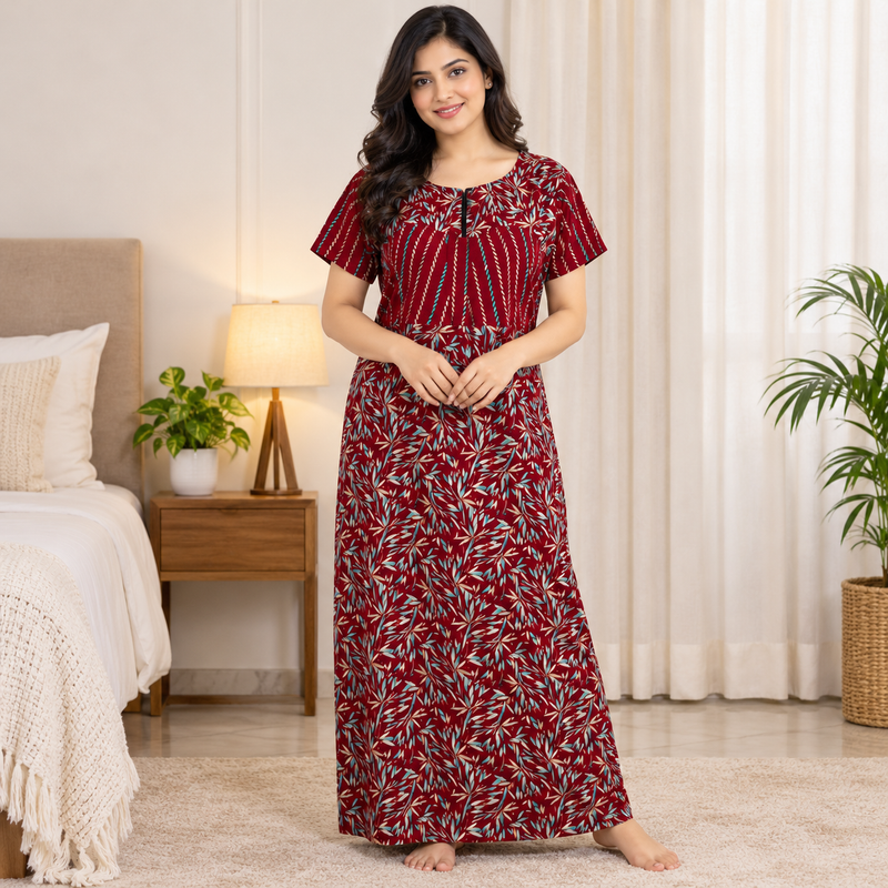Pranjul 1813 Maroon Leaf-Print Nighty for Women