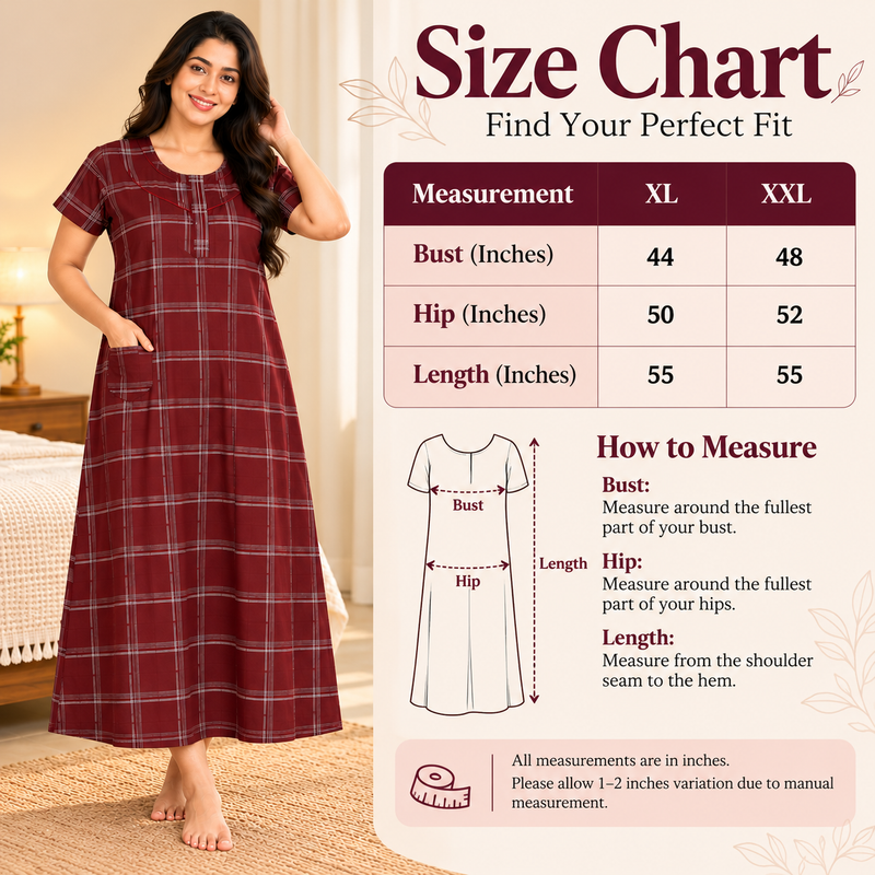 Veni’s Women’s Maroon Checked Cotton Nighty with Front Open Zip