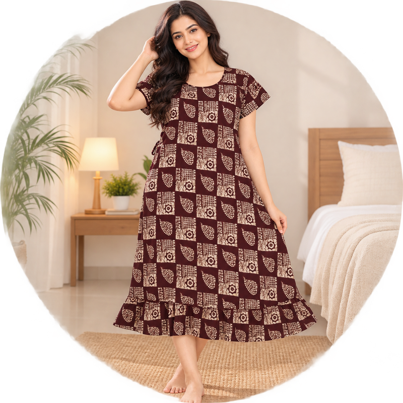 Luxmi maroon and cream printed frock nighty displayed on mannequins with adjustable back tie and bottom frill