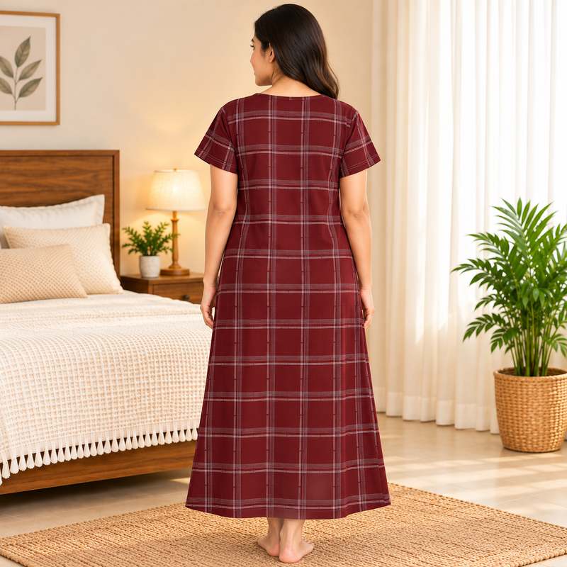 Veni’s Women’s Maroon Checked Cotton Nighty with Front Open Zip