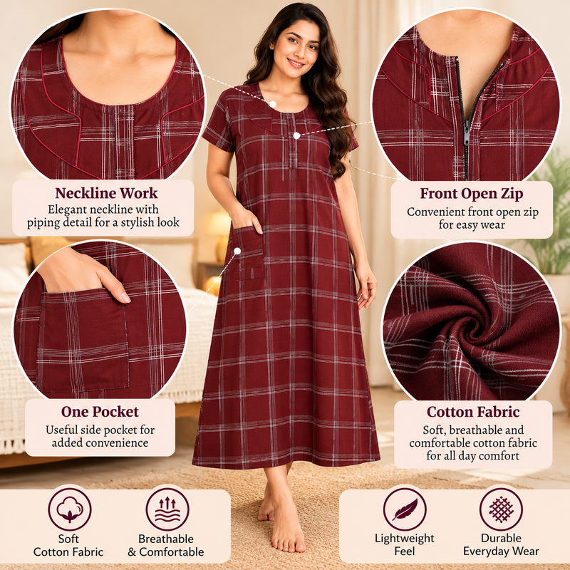 Veni’s Women’s Maroon Checked Cotton Nighty with Front Open Zip