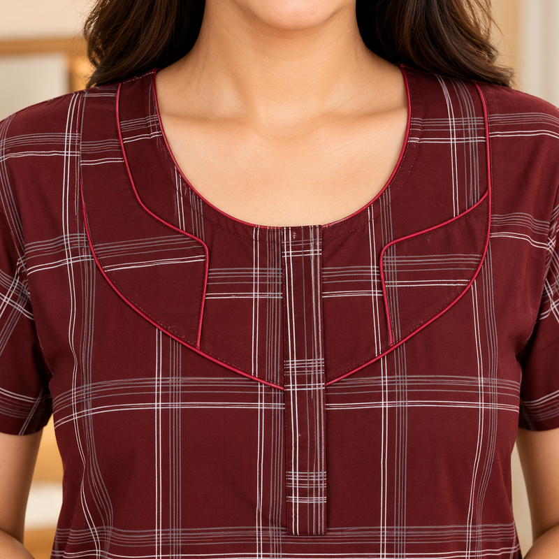 Veni’s Women’s Maroon Checked Cotton Nighty with Front Open Zip