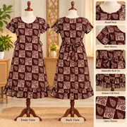 Luxmi maroon and cream printed frock nighty displayed on mannequins with adjustable back tie and bottom frill