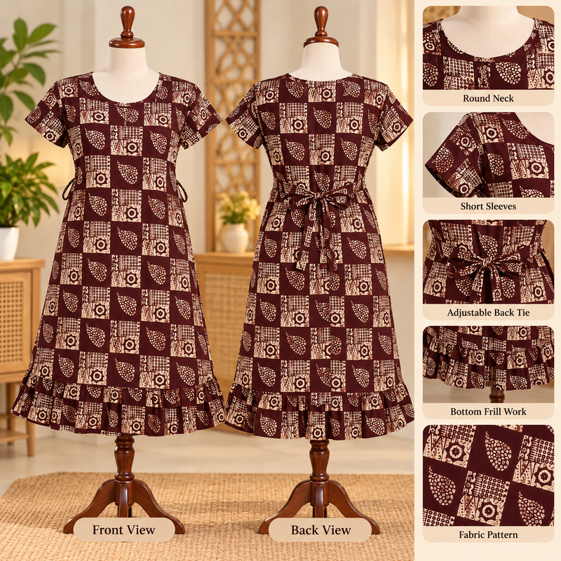 Luxmi maroon and cream printed frock nighty displayed on mannequins with adjustable back tie and bottom frill
