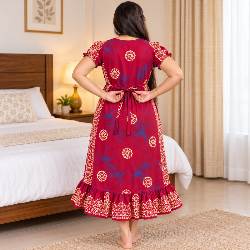 Vanitha Women's Cotton Frock Nighty – Magenta Floral Print