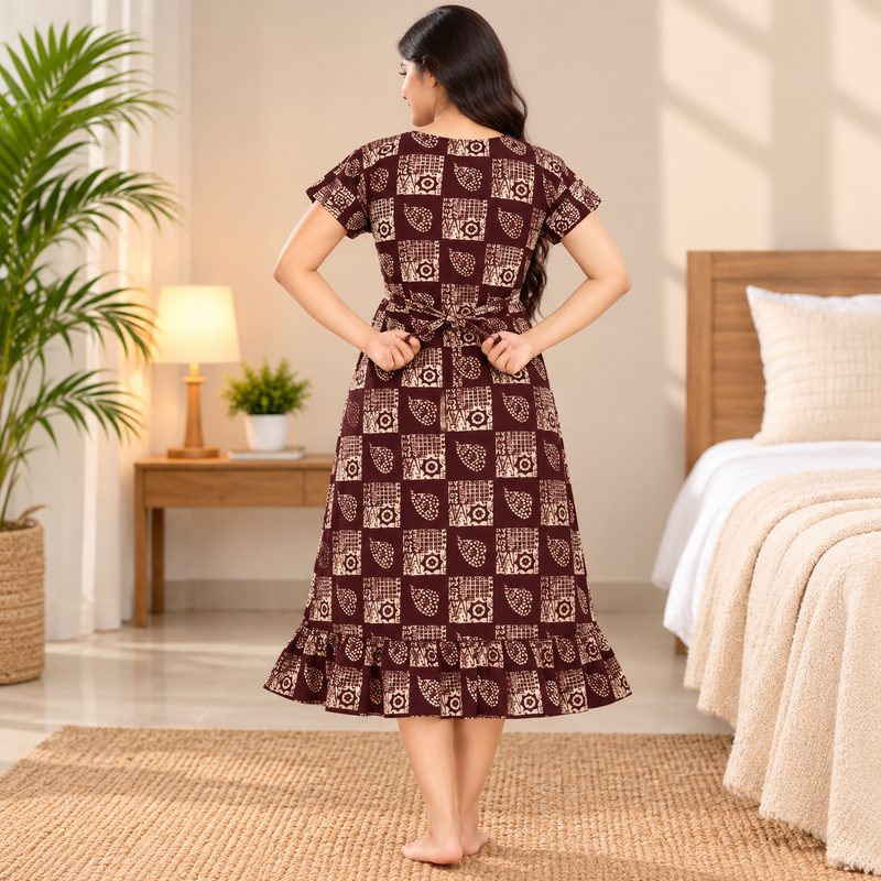 Luxmi Maroon Printed Frock Nighty for Women – Mid Length with Frill