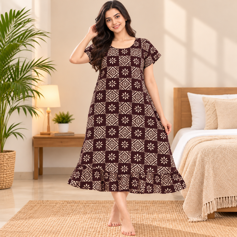 Luxmi Maroon Printed Cotton Mid Length Frock Nighty for Women