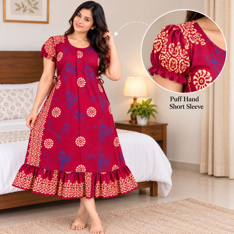 Vanitha Women's Cotton Frock Nighty – Magenta Floral Print