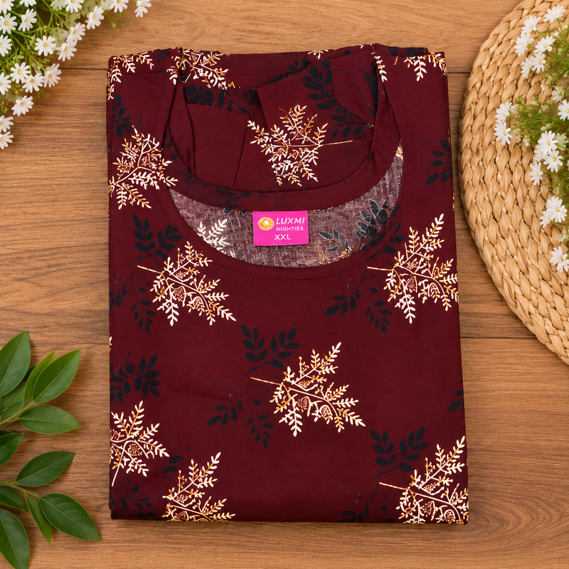 Luxmi Maroon Floral Printed Mid-Length Frock Nighty with Adjustable Side Ties