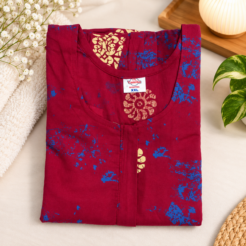 Vanitha Women's Cotton Frock Nighty – Magenta Floral Print
