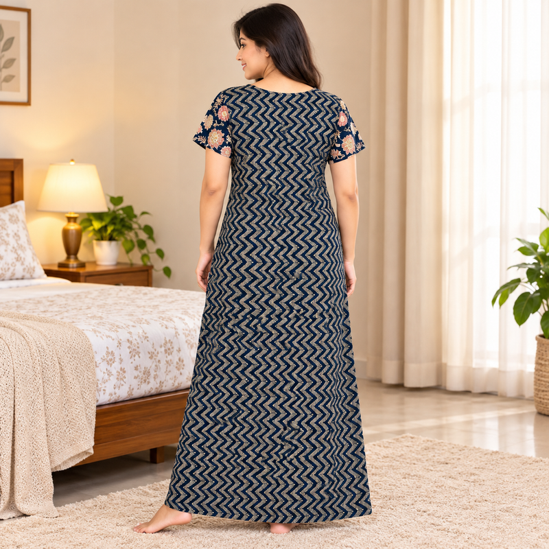 Pranjul 1826 Navy Blue Floral Printed Cotton Nighty for Women – Full Length Nightgown