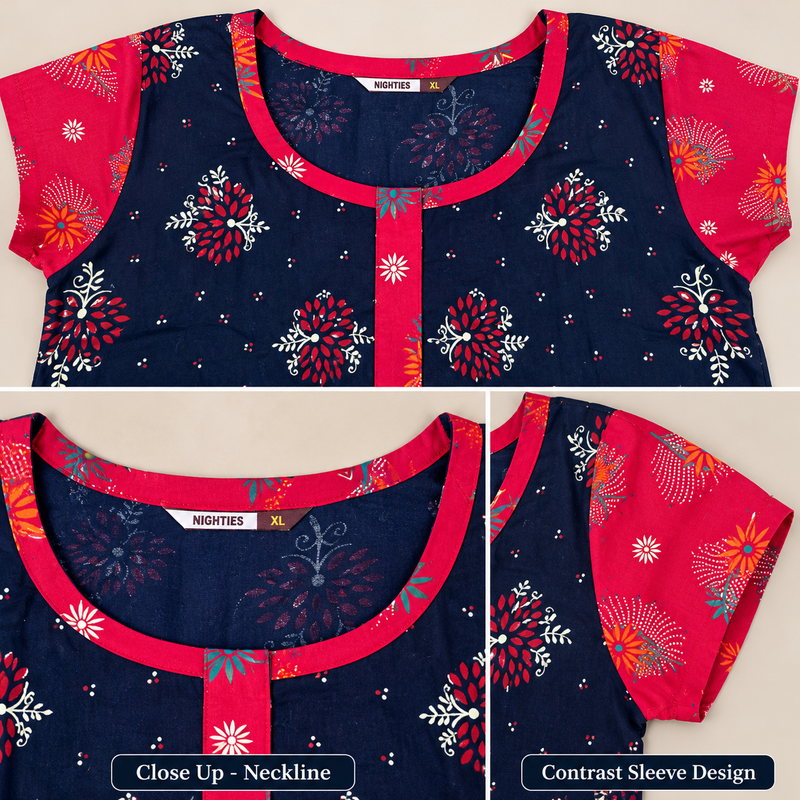 Veni’s Dark Navy Blue Cotton Frock Nighty with Front Open Zip
