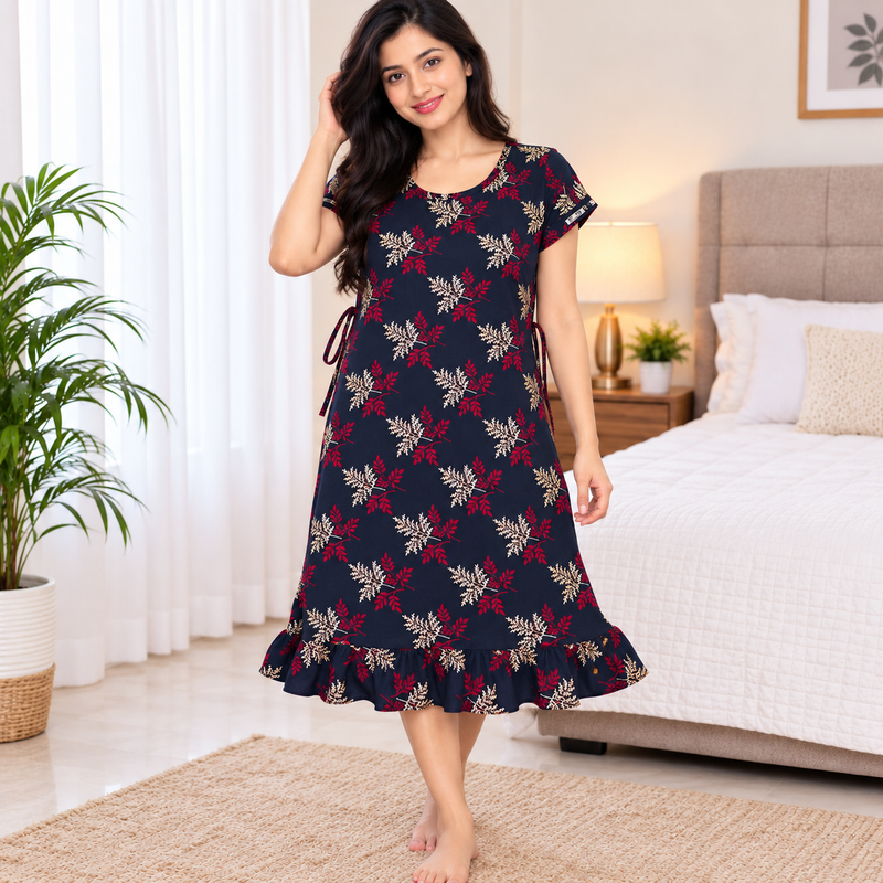 Luxmi Navy Blue Floral Printed Women’s Frock Nighty with Adjustable Side Tie & Bottom Frill