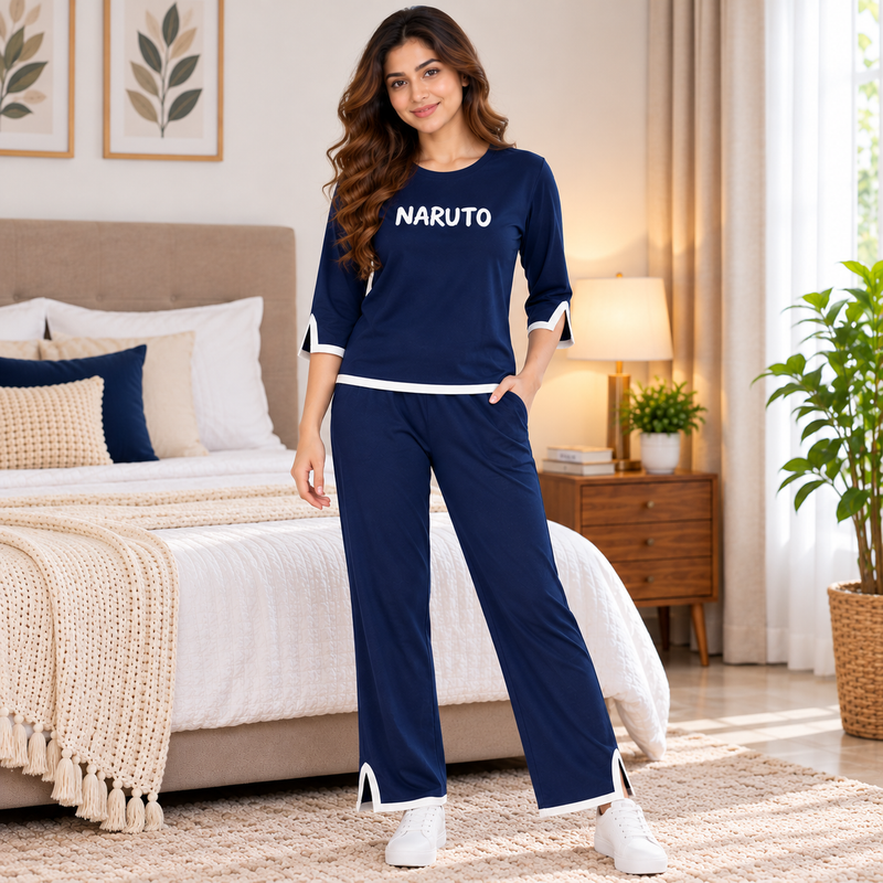 Women's Navy Blue Naruto Printed Hosiery Night Suit – 3/4 Sleeve