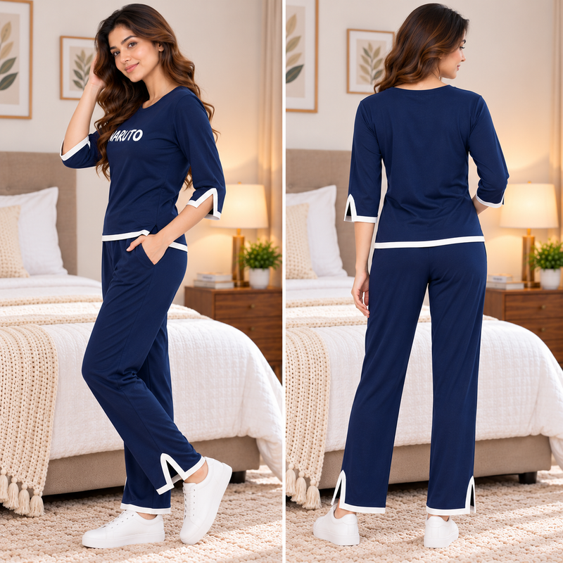 Women's Navy Blue Naruto Printed Hosiery Night Suit – 3/4 Sleeve