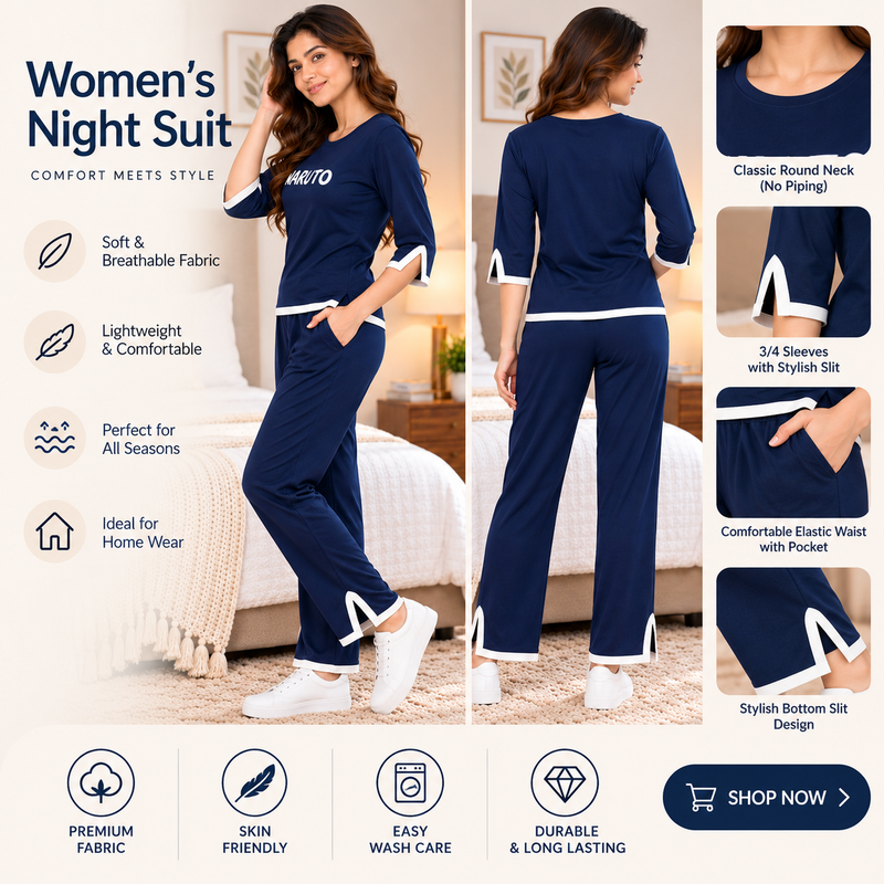Women's Navy Blue Naruto Printed Hosiery Night Suit – 3/4 Sleeve
