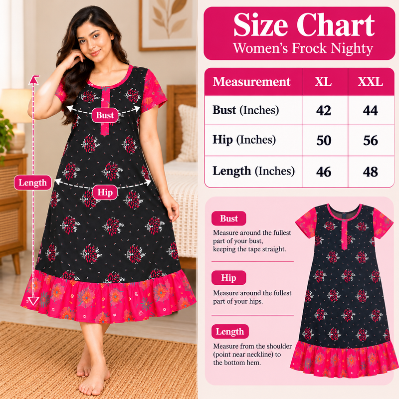 Veni’s Dark Navy Blue Cotton Frock Nighty with Front Open Zip