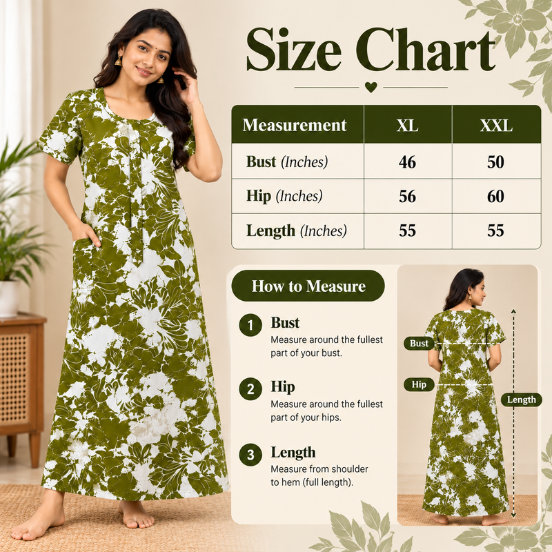 Mathan Olive Green & White Floral Printed Cotton Nighty for Women