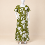 Mathan olive green and white floral printed cotton nighty for women with front zip and one side pocket
