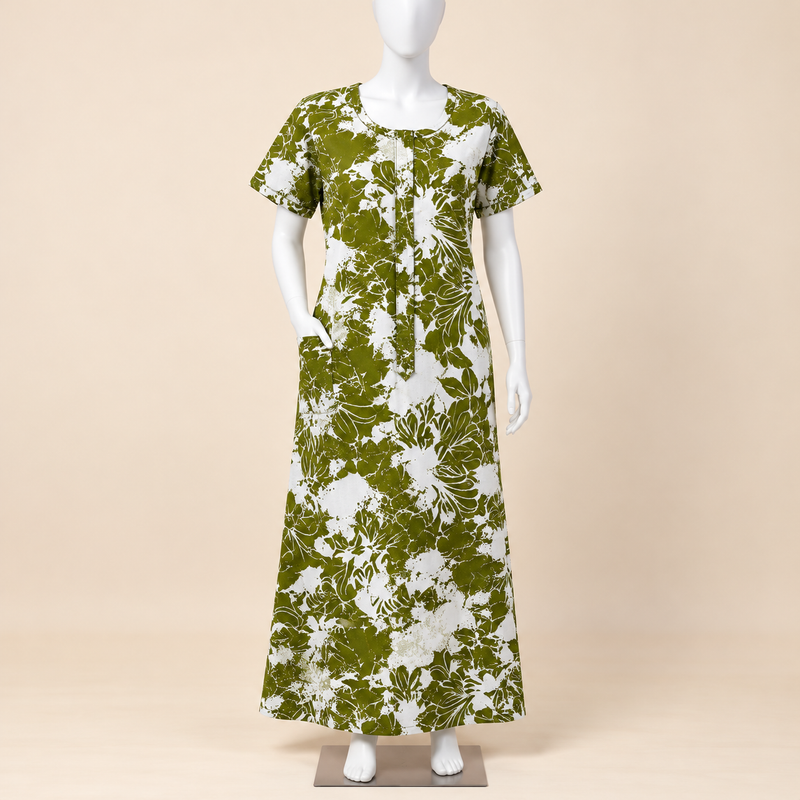 Mathan olive green and white floral printed cotton nighty for women with front zip and one side pocket