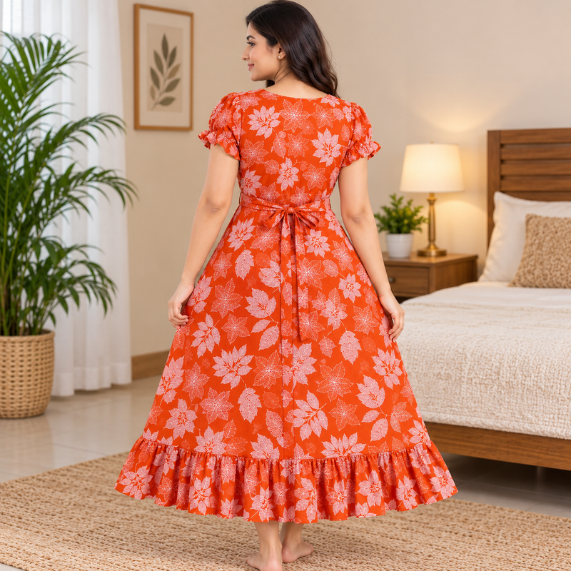 Vanitha Women's Cotton Floral Printed Frock Nighty – Rust Orange