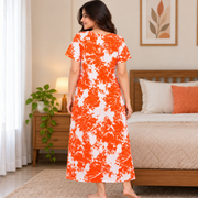 Mathan orange and white floral printed cotton nighty for women with front open zip