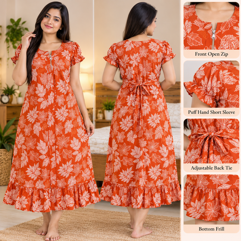 Vanitha Women's Cotton Floral Printed Frock Nighty – Rust Orange