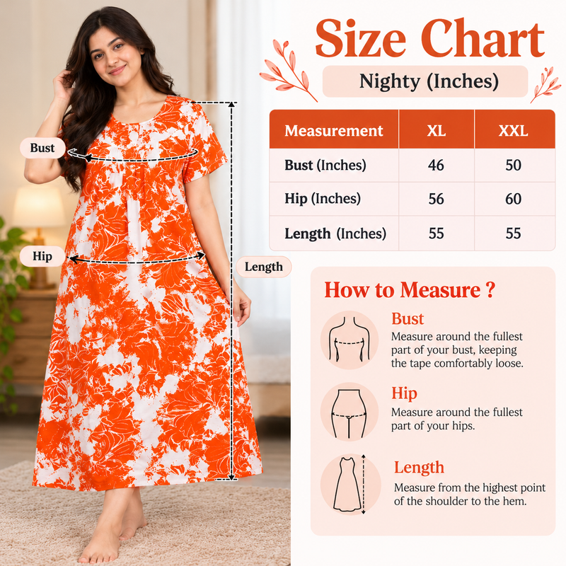 Mathan orange and white floral printed cotton nighty for women with front open zip-size chat