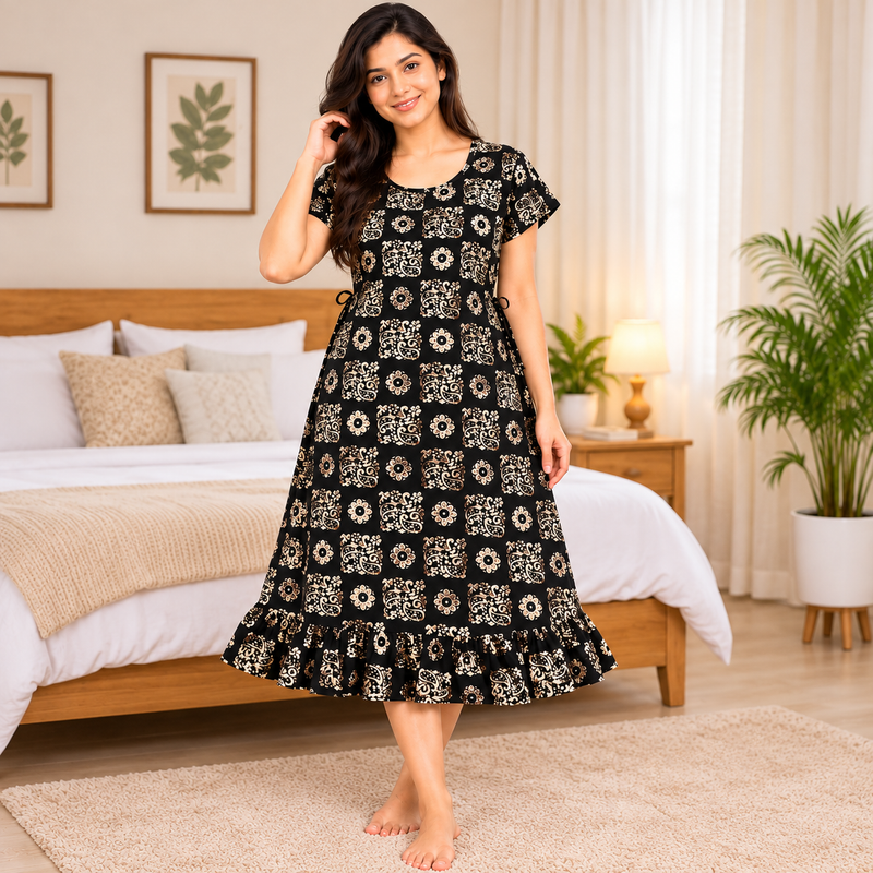 Luxmi Black Floral Printed Cotton Frock Nighty for Women