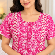 Pink Floral Printed Cotton Nighty-Chest Design