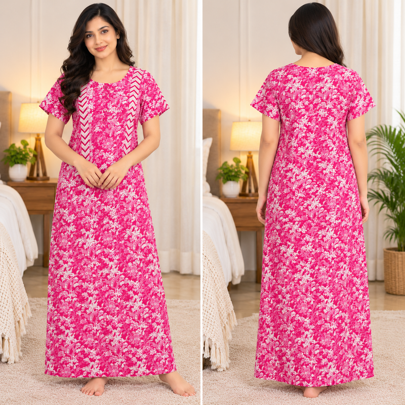 Pink Floral Printed Cotton Nighty-Back view