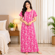 Pink Floral Printed Cotton Nighty -front view