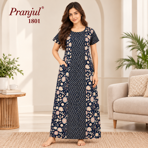 Pranjul Navy Blue Floral Printed Women's Nighty – Front View