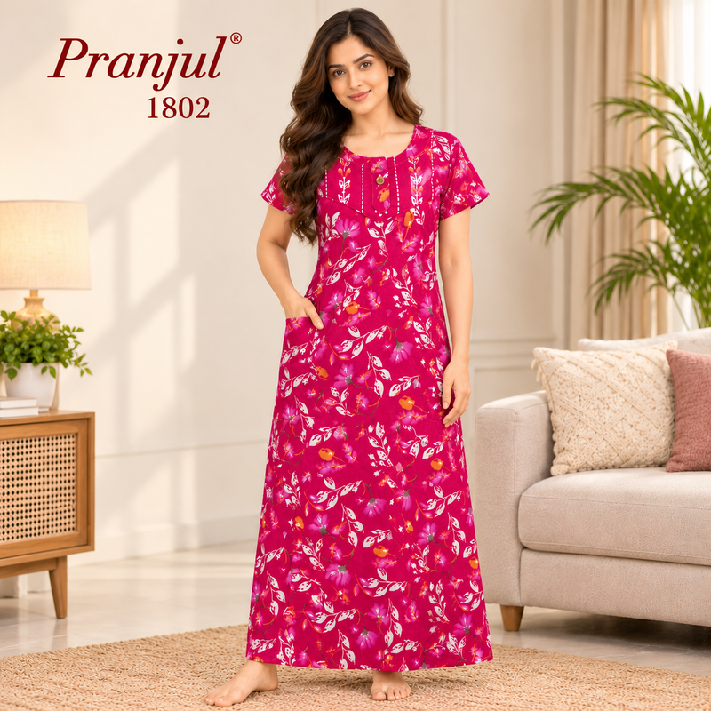 Pranjul 1802 Magenta Floral Printed Women's Nighty