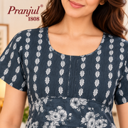 Pranjul 1808 charcoal blue nighty floral and leaf print close-up