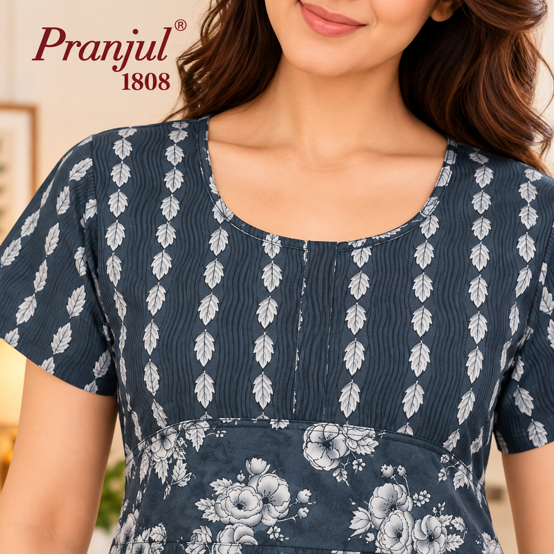 Pranjul 1808 charcoal blue nighty floral and leaf print close-up
