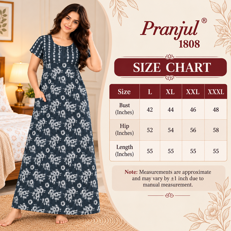1. Pranjul 1808 women's nighty size chart L to XXXL