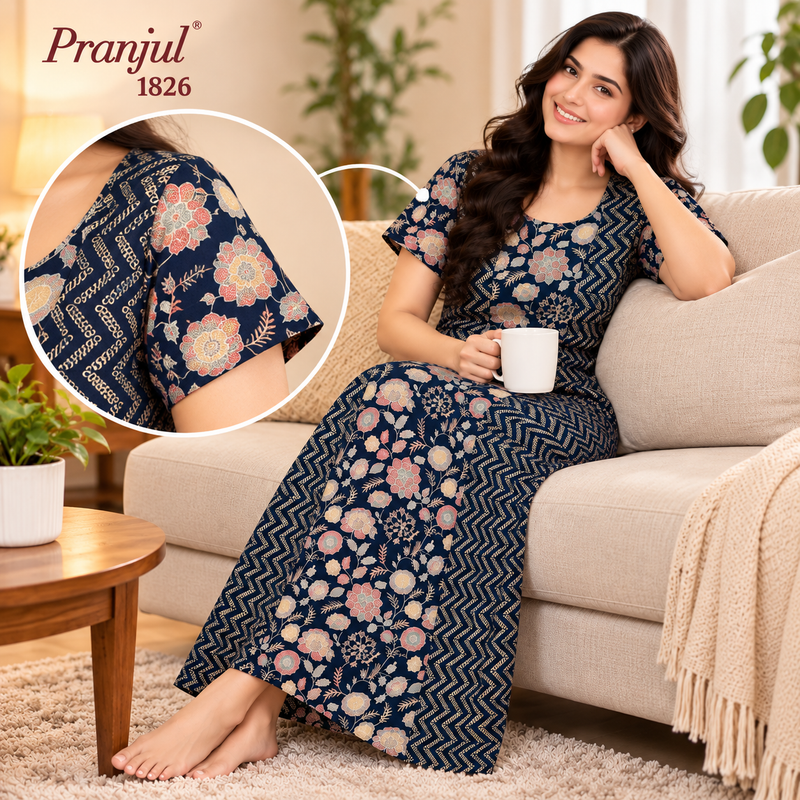 Pranjul 1826 Navy Blue Floral Printed Cotton Nighty for Women – Full Length Nightgown