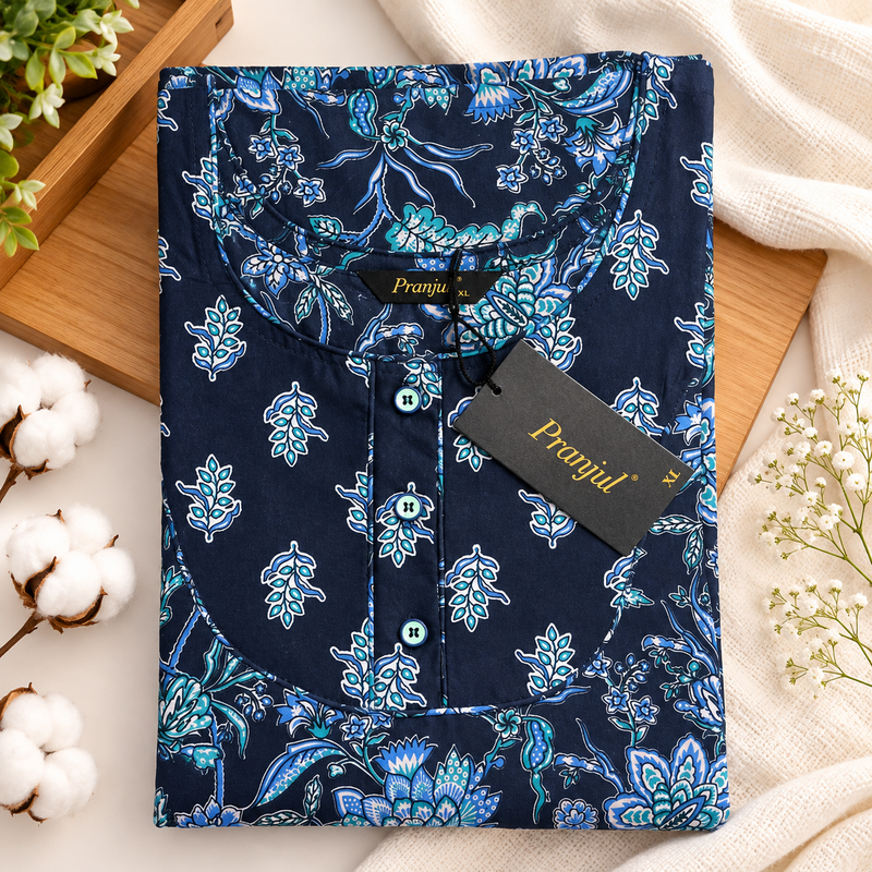 Pranjul 1820 Navy Blue Floral Printed Cotton Nighty for Women