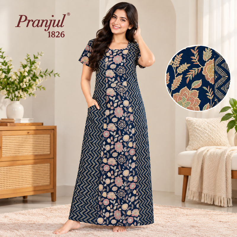 Pranjul 1826 Navy Blue Floral Printed Cotton Nighty for Women – Full Length Nightgown