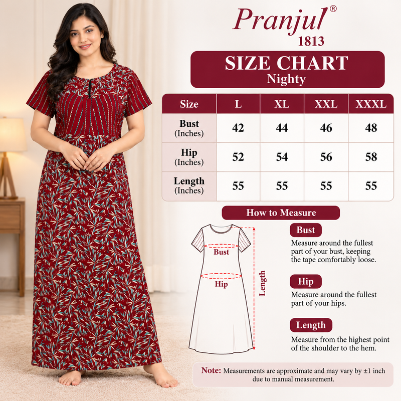 Pranjul 1813 Maroon Leaf-Print Nighty for Women